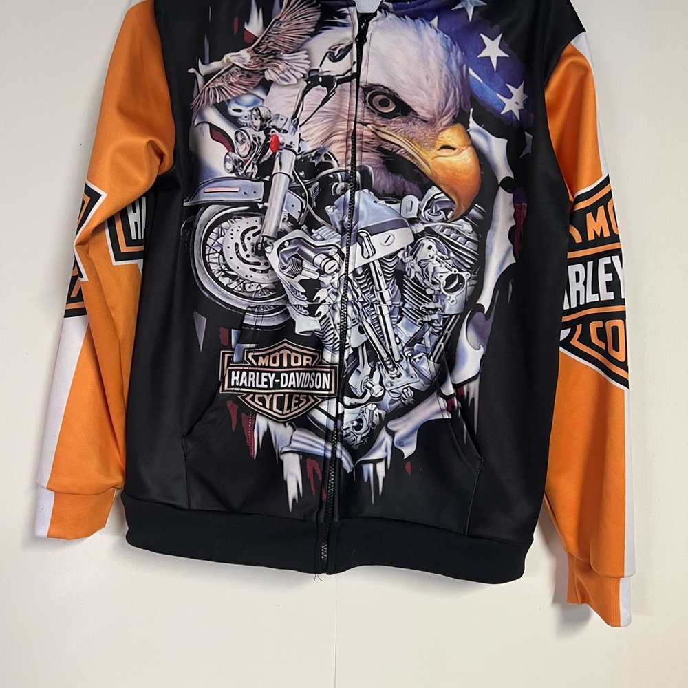 Harley-Davidson Black and Orange Bomber Jacket with Graphic Design